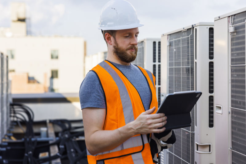 HVAC technician checking out a commercial heat pump unit.